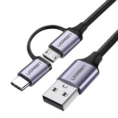 2in1 Kabelis, spēcīgs pīts kabelis USB - microUSB + USB-C 1m 2.4A melns