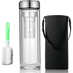 SPORWAY 1 Litre Tea Bottle with Strainer to Go: Drinking Bottle Glass Bottle 1 Litre with Cup Cleaning Brush Tea Bottle Double-Walled Glasses for Scented Tea Fruit Tea (with Cup Sleeve)