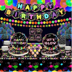 Ywediim Glow Neon Decorative Party Supplies - Includes Neon Balloons, Glow Party Tablecloths, Plates, Cups, Napkins, Straws, for 20 Guests for Neon Glow Birthday Party (Set C)