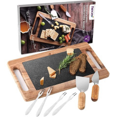 hecef Acacia Cheese Board with Cheese Knife Set with Slate Plate, 8 Pieces, Serving Board, Wooden Cheese Plate, Party Birthday, Christmas, Thanksgiving Day, Cheese Board, Charcuterie Board