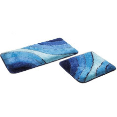 S&S-Shop Bath Mat Set | Blue | Wave | 2 Pieces | Non-Slip | Toilet Mat 50 x 45 cm | Bath Mat 50 x 90 cm | Bath Mat | Bathroom | Bathroom