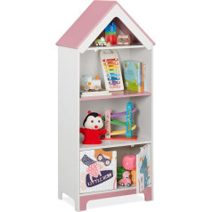 Relaxdays Children's Shelf, Heroine Motif, 4 Compartments for Toys, H x W x D: 93 x 63 x 28 cm, Children's Room Shelf with Doors, White/Pink