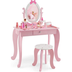 Dreamade 2-in-1 Children's Dressing Table with Stool and Removable Mirror, Wooden Children's Make-Up Table, Cosmetic Table, Princess Dressing Table with Drawer for Children Girls