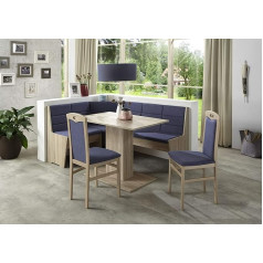 Howe-Deko Corner Bench Set Oak / Beech Sonoma Decor; Corner Bench, 2 Chairs and Column Table, Cover: Flat Weave Blue/Grey, Variable Assembly