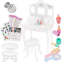 Green Series Kinderplay GS3302 Large Wooden Dressing Table with Mirror - Dressing Table with Drawers, White Dressing Table for Girls, Dressing Table with Stool, Cosmetic Table Chest of Drawers