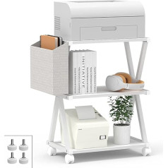 Vedecasa Mobile Printer Stand 3 Tier Wooden Shelf Metal Frame Printer Cart with Storage Bag for Home Office Modern Under Desk Table Side Printer Cart with Rolling Roller (White)