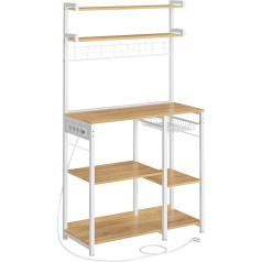 Vasagle KKS031Y19 Kitchen Shelf Stand with Sockets, Microwave Shelf, Coffee Bar, Baker's Rack, 8 S-Hooks, with Basket, Spice Rack, Golden Oak Cloud White