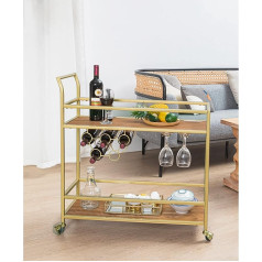 Ritesune Gold Kitchen Trolley, Home Bar Serving Trolley with Wine Rack, 2 Tier Wine Trolley with Lockable Wheels for Kitchen, Living Room