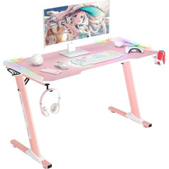 Hironpal Gaming Desk, Z-shaped Gaming PC Computer Desk with RGB LED Lights, Cup Holder and Headphone Hook, Carbon Fibre Desktop for Girls, Gift (Pink, 114 x 60 x 72)