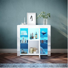 Sonni Sideboard, Kitchen Cabinet with LED Lighting (12 Colours Can Be Adjusted) White High Gloss Storage Cabinet for Kitchen, Living Room, Dining Room, 90 (W) x 35 (D) x 83 (H) cm