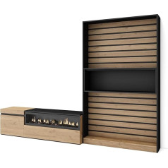 Skraut Home Living Room Wall Unit Living Room Furniture Set 260 x 186 x 35 cm for TVs up to 65 Inches Electric Fireplace Dimensions Modern Style Oak Black