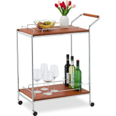 Relaxdays Serving Trolley on Wheels, 2 Levels, Bottle Holder, Wood Effect & Chrome, 90 x 77 x 40 cm, Kitchen Trolley, Brown/Silver