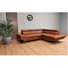 Quattro Meble Varsovia Real Leather Corner Sofa 245 x 210 cm Sofa Couch with Sleep Function, Bed Box and Headrests Genuine Leather Corner Couch Leather Granada Cognac