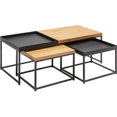 Riess Ambiente Loft Industrial Coffee Table, Set of 3, 120 cm, Oak Look, Removable Tray, Living Room Tables