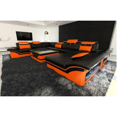 Sofa Dreams Wohnlandschaft Enzo XXL Sofa U-Shape Leather with LED Lighting, Adjustable Headrests, Chaise Longue / Choice of Leather Colours / Orientation Ottoman Available (Ottoman Right, Black/Orange)