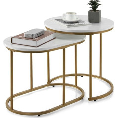Lifezeal Coffee Table, Set of 2, Modern Marble Look, Side Table with Golden Metal Frame, Round Sofa Table, Coffee Table for Living Room, Bedroom & Office, Gold & White