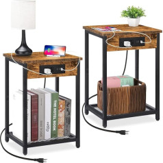 Melos Bedside Tables Set of 2, Side Table with Charging Station & USB Ports, 2-Tier Narrow Side Tables Bedroom with Storage Shelf, Bedside Tables for Bedroom, Living Room, Sofa, Couch