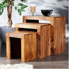 Invicta Interior Set of 3 Side Tables Solid Sheesham Wood stone finish MADEIRA
