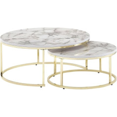 Finebuy Möbel Zum Wohlfühlen FineBuy Coffee Table Set of 2 White Marble Look Sofa Table Round Modern Side Table 2-Piece Metal Round Living Room Tables Design Nesting Tables