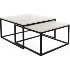 Wfl Group Rectangular Square Nesting Tables Coffee Tables - Loft Style Coffee Tables Metal Legs - 2 in 1 - Two Industrial Separate Tables for Living Room - White Marble