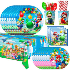 Super Mario Birthday Decoration Tableware, 161 Pieces Super Mario Party Tableware Set, Mario Paper Plates, Cups, Mario Decorative Tablecloth etc. Mario Tableware