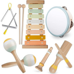 Fortand Musical Instruments for Children, Music Wooden Toy from 3 Years Children's Toy Drum Maracas Triangle Xylophone for Children Montessori Toy Wooden Percussion Set for Musical Early Education