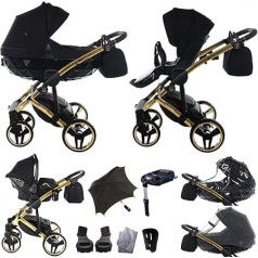 Junama Diamond S-Line V3 2-in-1 3-in-1 4-in-1 Baby Pram Car Seat ISOFIX - Free Umblla Exclusive Pushchair (4-in-1 (with Car Seat & ISOFIX Base), Black/Gold 02)