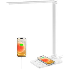 weareok Desk Lamp LED Dimmable, Table Lamp Eye Protection, Desk Lamp 5 Colours and 6 Brightness Levels, 10 W QI Wireless Charger and USB Port Table Lamp with Power Plug Touch White