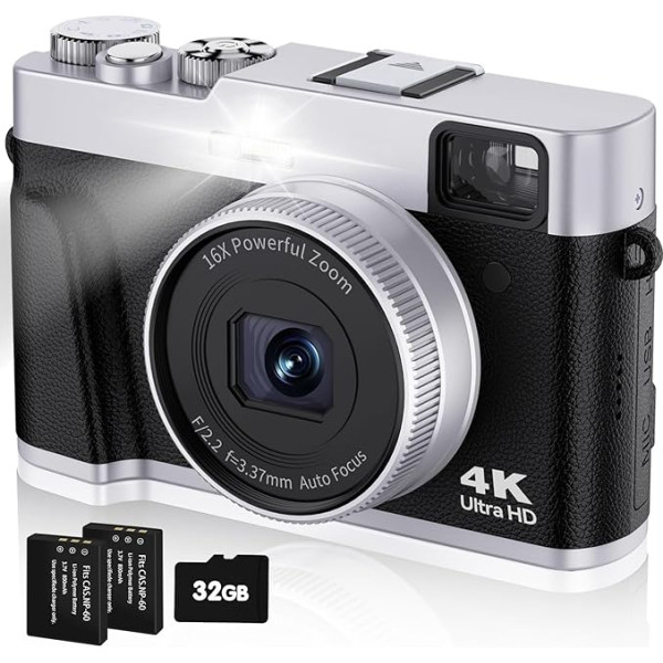 Digitalkamera 4K 48MP Autofokus mit 32G Karte Optischer Sucher 16x Zoom Vlogging Kamera für Fotografie Blitz Anti-Shake Wiederaufladbare Kompaktkamera für Anfänger Teenager (Schwarz)