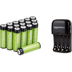 Amazon Basics Pre-Charged Ni-MH AA Batteries, 2000 mAh, Pack of 16 (Battery Film May Vary from Product Photo) + Battery Charger for Ni-MH AA / AAA Batteries and USB Devices