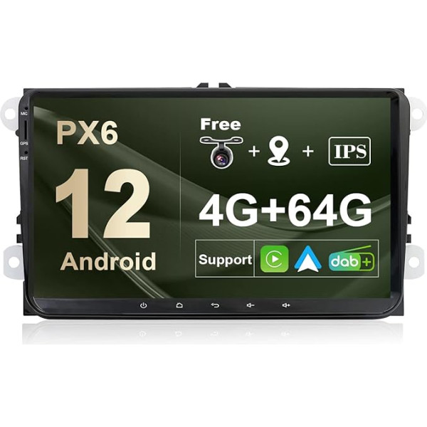 SXAUTO PX6 Android 12 Car Radio Suitable for VW Passat/Golf/Skoda/Seat - Rear View Camera Canbus Free - [4G + 64G] - 9 Inch 2 DIN - Supports DAB Steering Wheel Control 4G WiFi BT Android Car Carplay