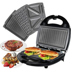 OZAVO Sandwich Maker 3 in 1, Waffles, Panini Toaster, 3 Removable Grill Plates, Table Grill for Toast, Waffles, Meat, Black, 750 W