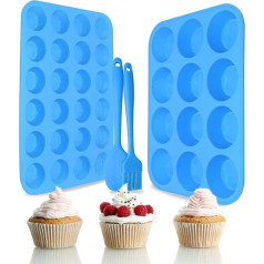 2 Pack Silicone Muffin Baking Mould Set - Regular 12 Cups + 24 Cups Cupcake Baking Mould BPA Free, Non-Stick, Heat Resistant, Food Grade Silicone Baking Moulds with Bonus 1 Silicone Spatula & 1 Oil Brush Blue