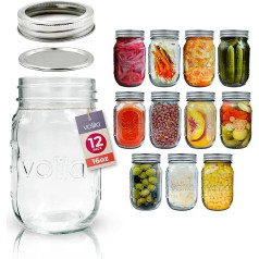 volila Mason Jar with Lids, 490 ml, Multi-Purpose Preserving Jars for Overnight Oats, Pickling, Preserving and Meal Preparation, Airtight Preserving Jars (Pack of 12 with 2 Lids)