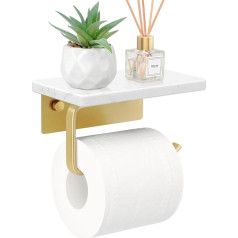 Toilet Paper Holder without, Bath Towel Holder with Natural Marble Shelf with 20 cm Marble Shelf, Self-Adhesive Toilet Paper Holder, Wall Mounted Toilet Roll Holder for Kitchen and Bathroom (White