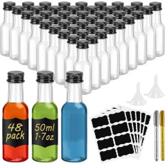 WenYa 48 Pieces Mini Liquor Bottles 50ml Reusable Plastic Clear Empty Spirit Bottles Small Mini Alcohol Bottles with Black Screw Cap and Liquid Funnel for