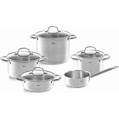 Fissler San Francisco 5 Piece Stainless Steel Saucepan Set with Glass Lids Induction All Hobs (3 Saucepans, 1 Stewing Pan, 1 Saucepan Lidless)