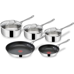 Tefal Jamie Oliver Cook's Direct On E304S5 Pan Set of 8 Stainless Steel Frying Pans 20 x 28 cm + Saucepans 16 / 18 / 20 cm + Lid Non-Stick Coating Temperature Indicator Induction