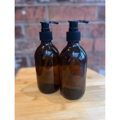 1 Pair 300ml Amber Glass Refillable Dispensers with Black Pump