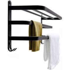 Bathroom Towel Rack Black Wall Mounted with Shelf Matte Black Finish Space Aluminum Self Adhesive Towel Rack with Hooks Bathroom Kitchen 60cm