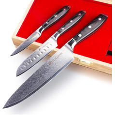Stallion Wave Damask Knife Set of 3 with Micarta Handle - High-Quality Damascus Knife Set Consisting of Chef's Knife, Small Santoku Knife and Office Knife - Kitchen Knife Made of Damascus Steel