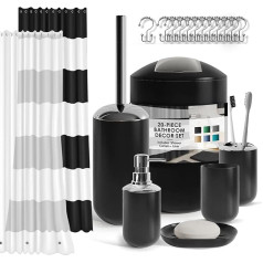 Bathroom Accessories Set, 9-Piece Plastic Gift Set, Shower Curtain Set with Liner and 12 Hooks, Soap Dispenser & Bowl, Toothbrush Holder with Cup, Toilet Brush and Holder, Trash Can (Black)