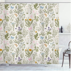 ABAKUHAUS Floral Shower Curtain, Vintage Garden Plants, Fabric Fabric Bathroom Decoration Set with Hooks, 175 x 220 cm, Reseda Green Beige