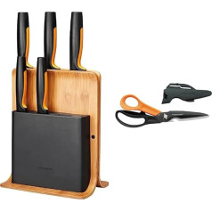 Fiskars Bamboo Design Knife Block with 5 Knives & Multi-Purpose Scissors with Separable Blades - Includes Protective Case with Scissors Sharpener