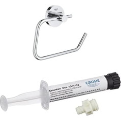 GROHE Essentials Adhesive Set, Bathroom Accessories, Toilet Paper Holder without Lid (40689001, Chrome) Including Grohe Essentials Adhesive for Bathroom Accessories (40915000, 1x)