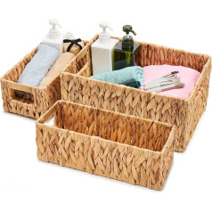 EZOWARE Braided Water Hyacinth Basket, Set of 3, Rectangular, Natural Storage Basket, Storage Container with Handle, Ideal for Baby Nursery, Toys, Clothes, 2 Sizes