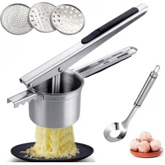 Potato Ricer, Stainless Steel, Thickened Potato Press with 3 Perforated Discs, Spaetzle Presses, Potato Masher with Non-Stick Meat Dumpling Shaper Machine for Mashed Potatoes, Fruit Juices, Puree