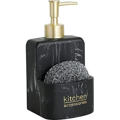 Soap Dispenser with Sponge Holder, White Marble Pattern Kitchen Shelf Sponge Tray for Sink Storage and Tidy Kitchen Decoration (Black Marble with Word)