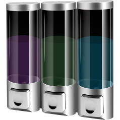 ILIKEPOW Wall Mounted Soap Dispenser No Drilling Required, 3 x 250 ml Plastic Shampoo Shower Gel Conditioner Dispenser for Kitchen, Shower, Bathroom, Hotel (Silver)