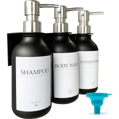 Soap Dispenser Wall Mounting, Shampoo Bottles for Filling with 16 Waterproof Labels, Washing Up Liquid Dispenser No Drilling, Bathroom Soap Dispenser Set, 500 ml, Pack of 3, Black